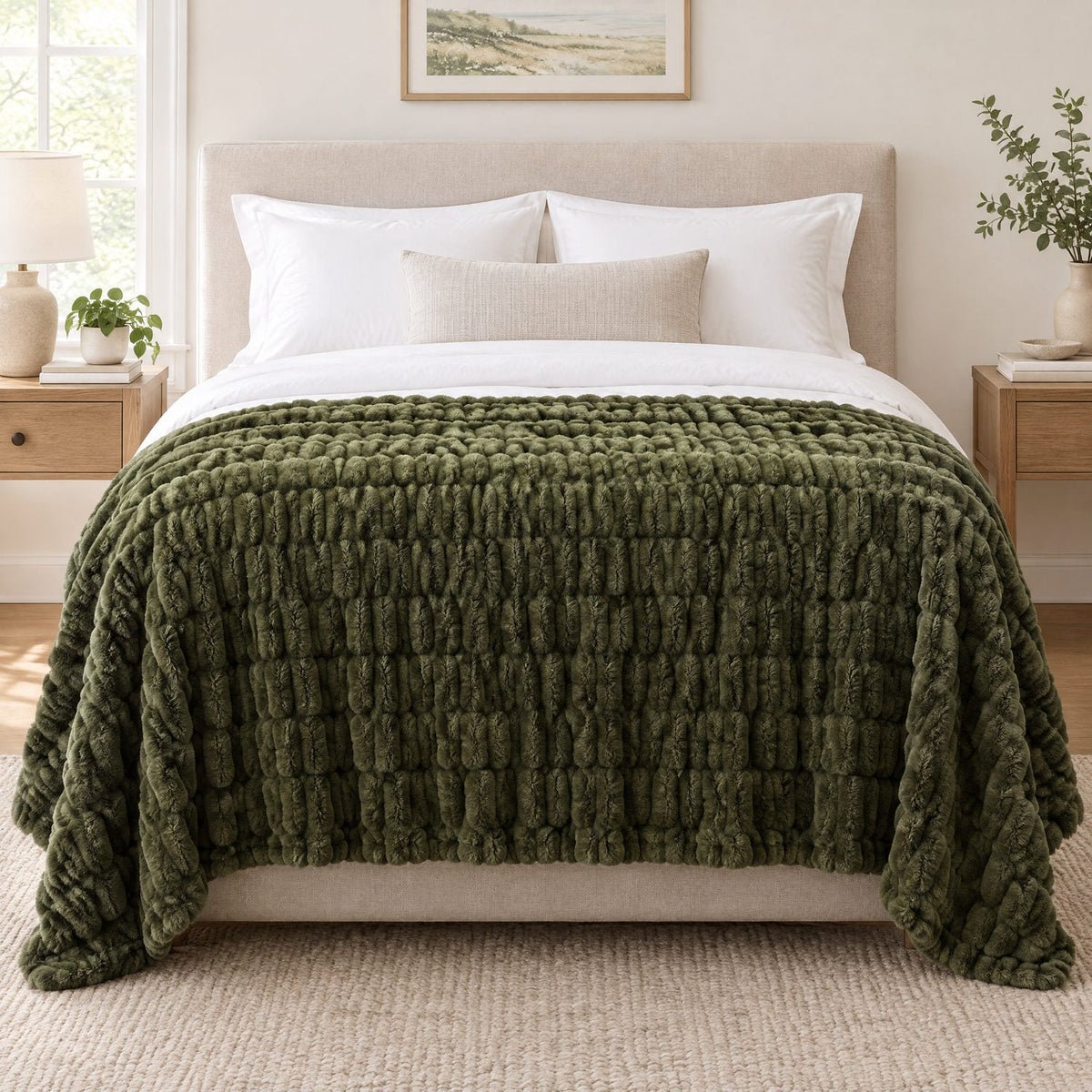 Olive faux fur throw on a sofa