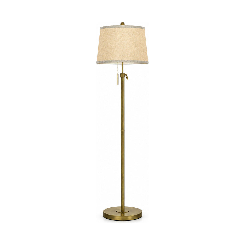 Antique bronze floor lamp with linen shade, product shot on a white background
