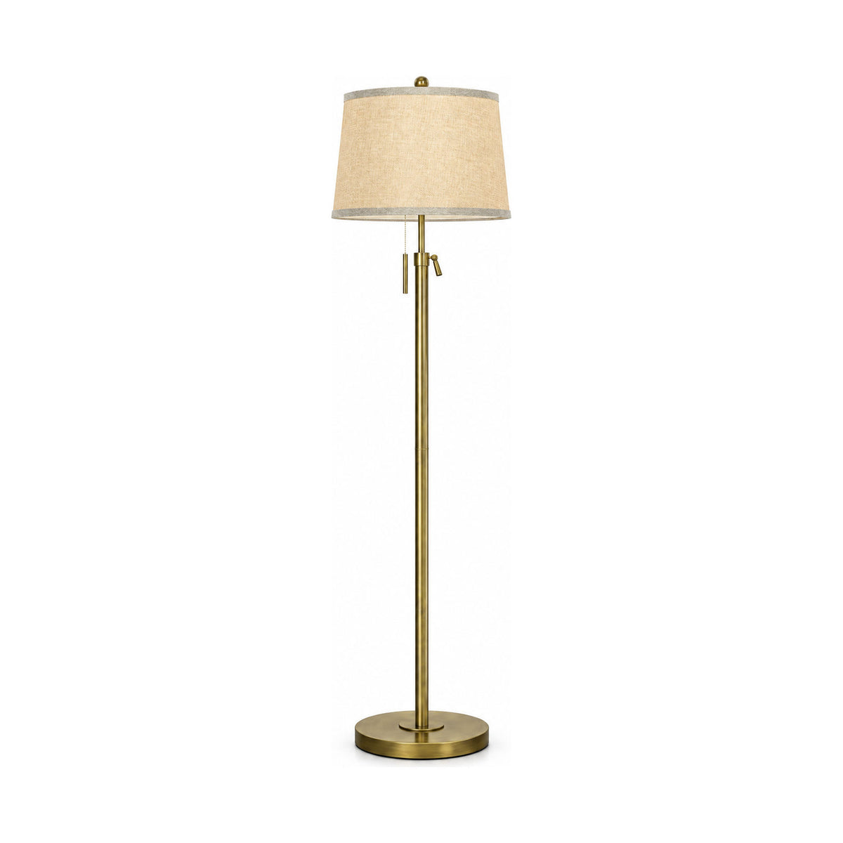 Antique bronze floor lamp with linen shade, product shot on a white background