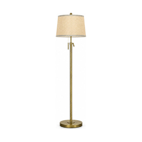 Antique bronze floor lamp with linen shade, product shot on a white background