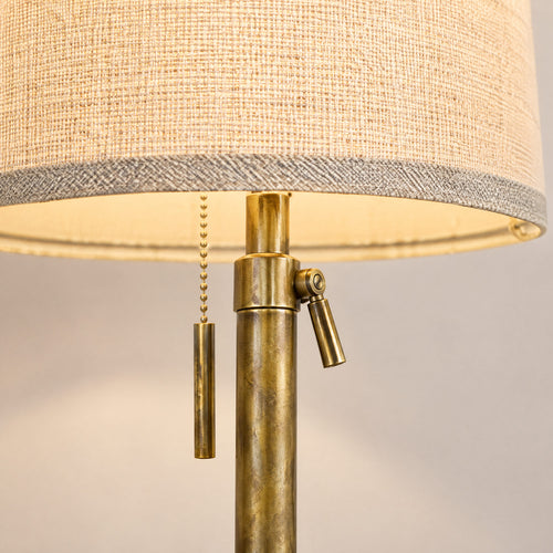 Close-up of the antique bronze finish and linen shade