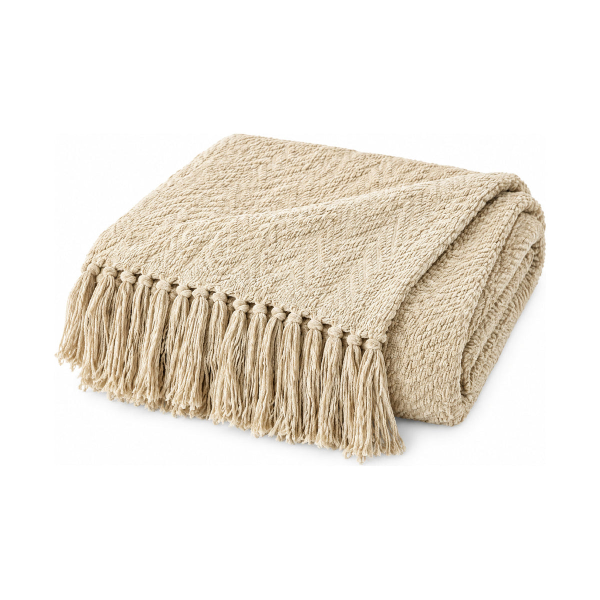 Beige knitted throw with tassels, folded product shot on a white background