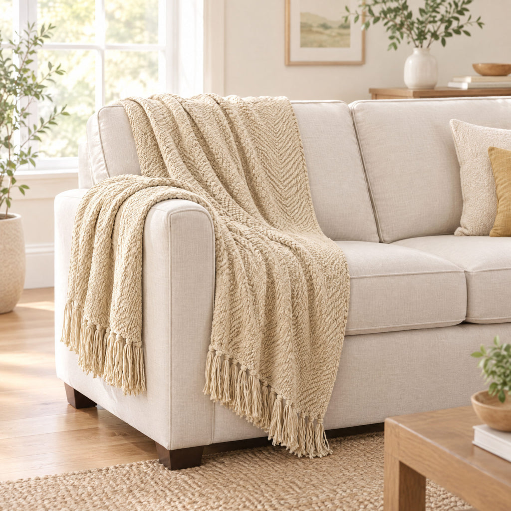 Beige knitted throw with tassels on a sofa to show its size