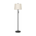 Black floor lamp with linen shade, product shot on a white background