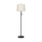 Black floor lamp with linen shade, product shot on a white background