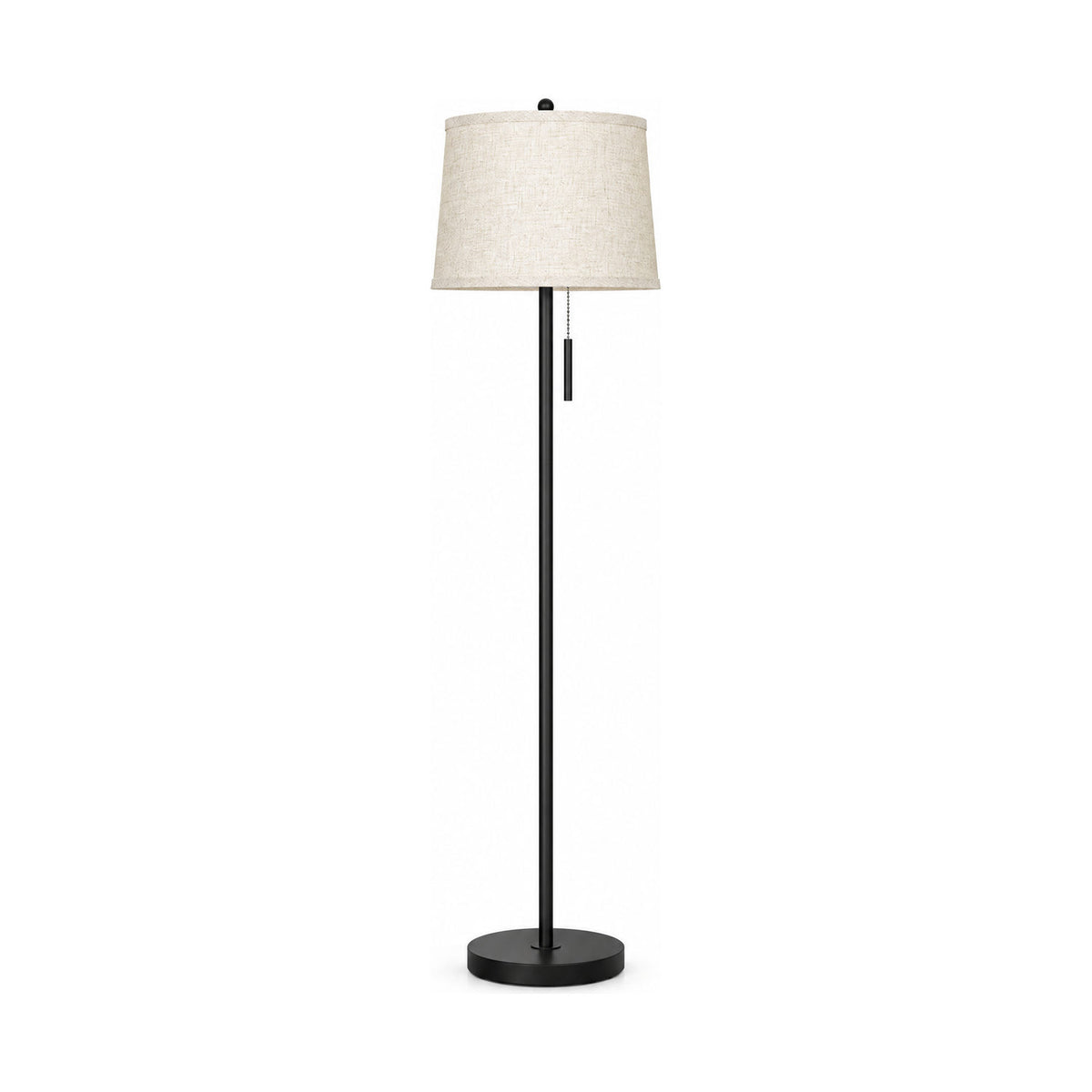 Black floor lamp with linen shade, product shot on a white background