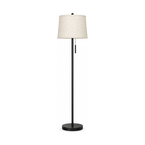 Black floor lamp with linen shade, product shot on a white background