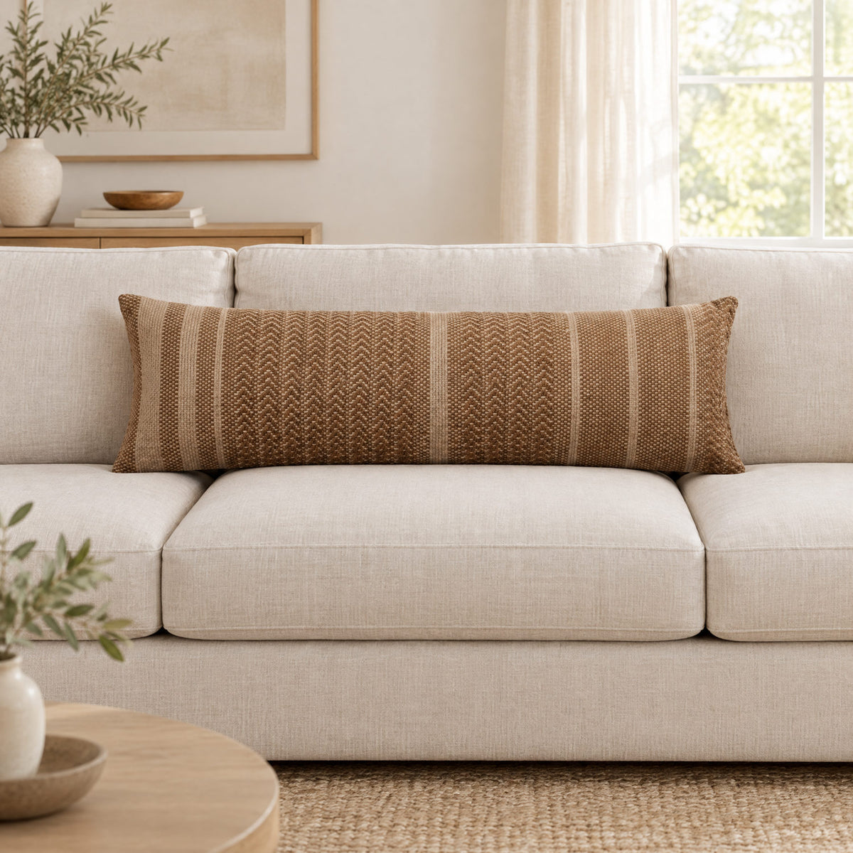 Blair brown lumbar cushion on a sofa to show its size