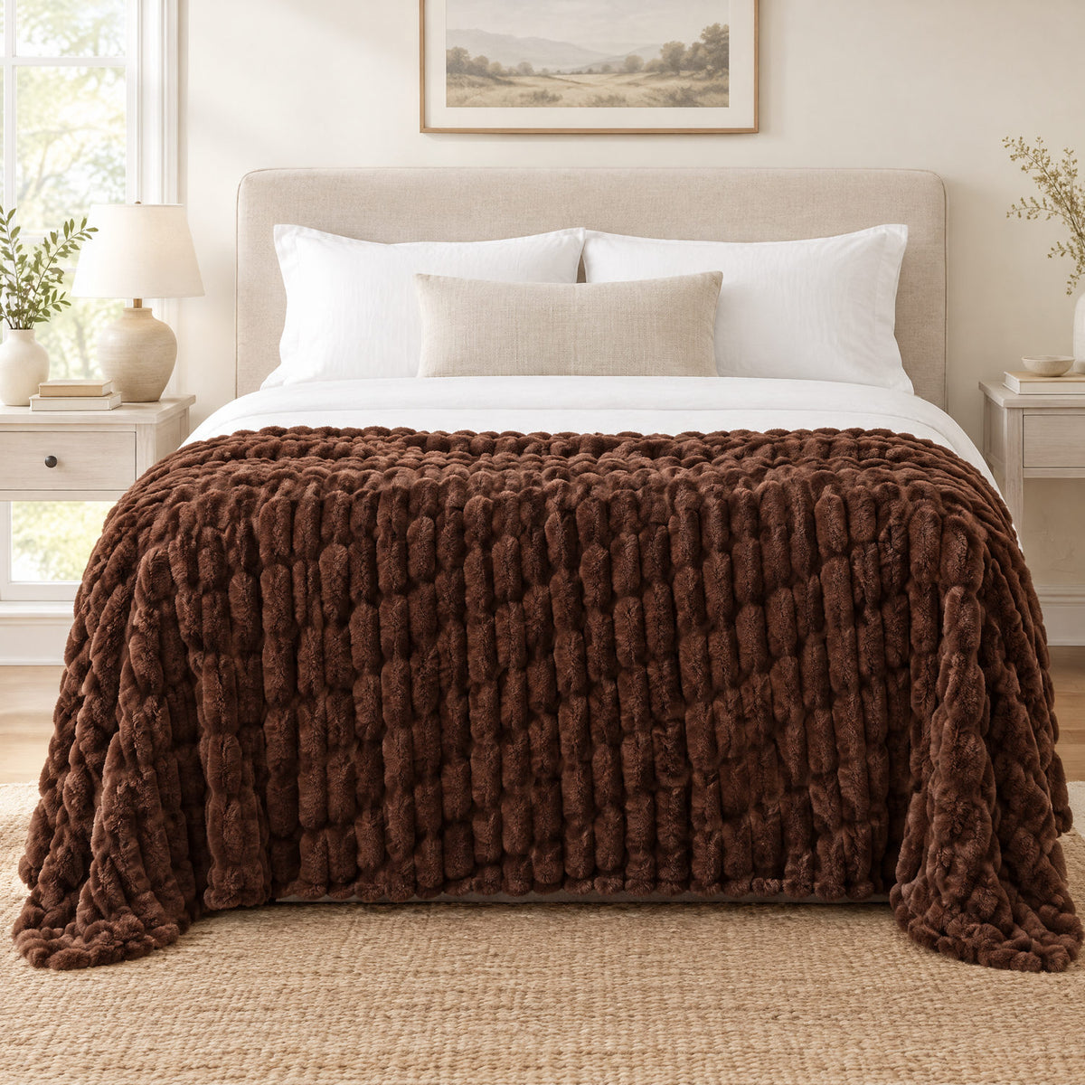 Chocolate reversible faux fur throw draped over a chair to show its size