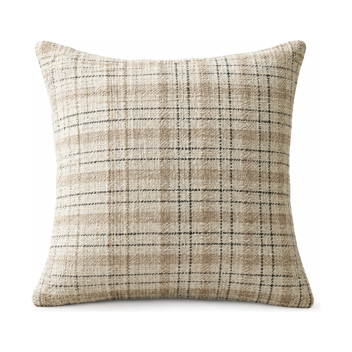 Cricket cushion in beige and black check, product shot on a white background
