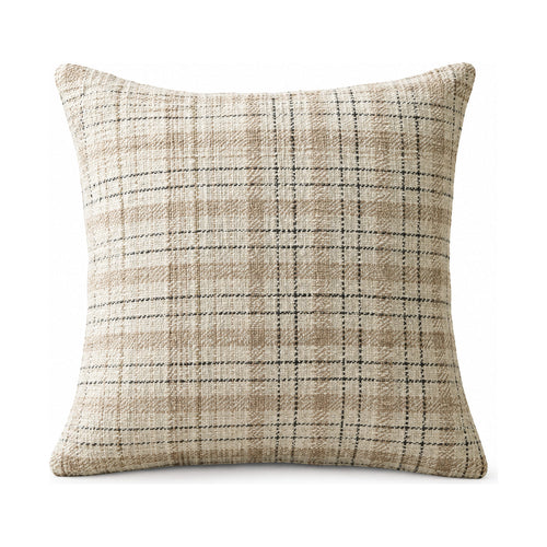 Cricket cushion in beige and black check, product shot on a white background