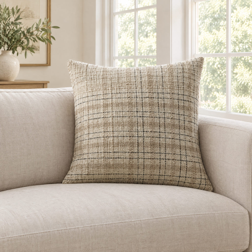 Cricket beige and black check cushion on a sofa to show its size