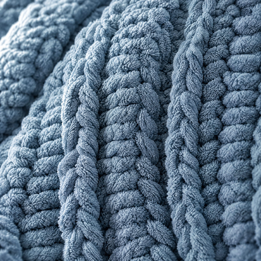 Close-up of the dusty blue chunky knit weave