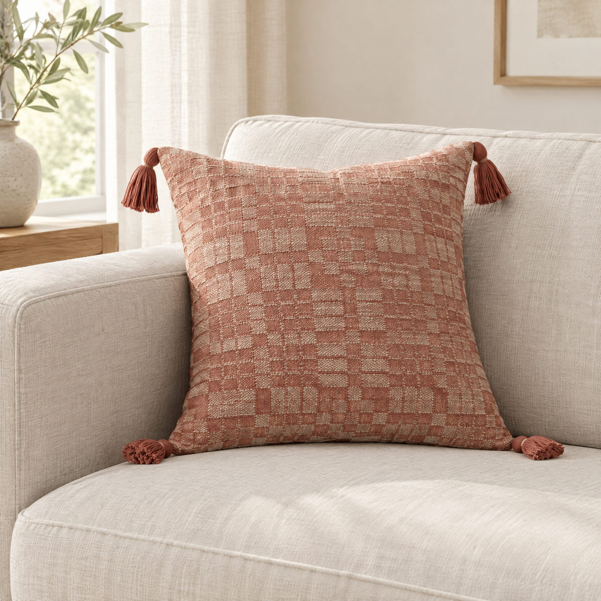 Ellery clay cushion on a sofa to show its size