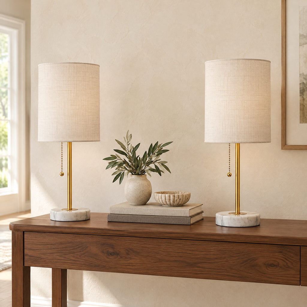 Gold marble-base table lamp on a bedside table to show its height