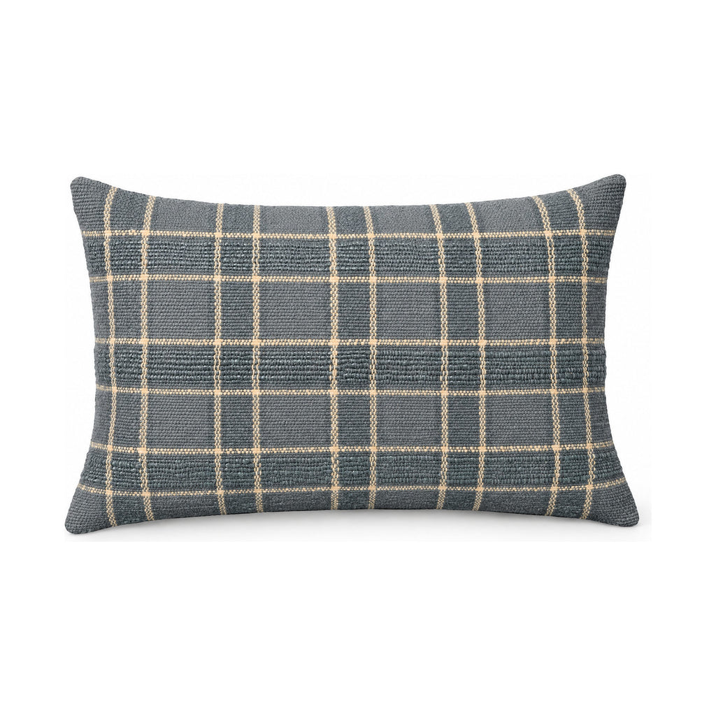 Golden and blue plaid lumbar cushion, product shot on a white background
