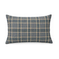 Golden and blue plaid lumbar cushion, product shot on a white background