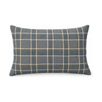 Golden and blue plaid lumbar cushion, product shot on a white background