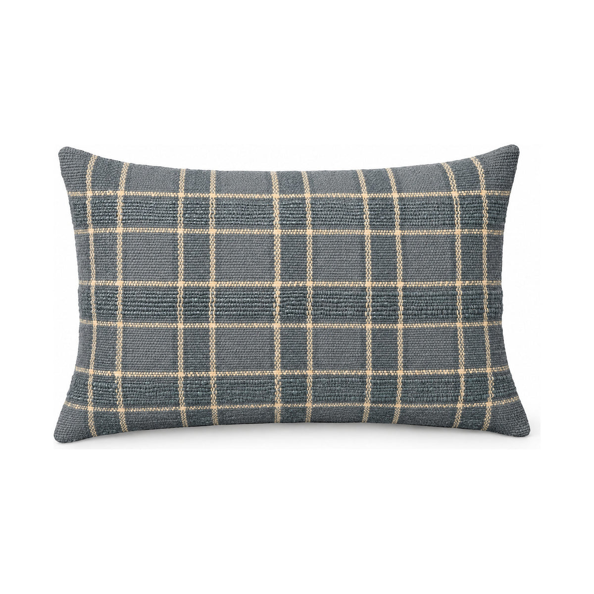 Golden and blue plaid lumbar cushion, product shot on a white background