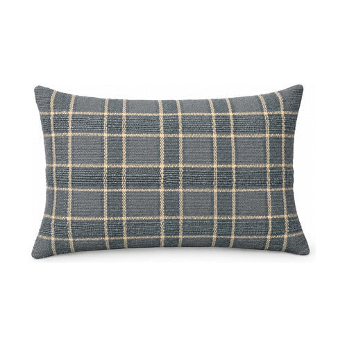 Golden and blue plaid lumbar cushion, product shot on a white background