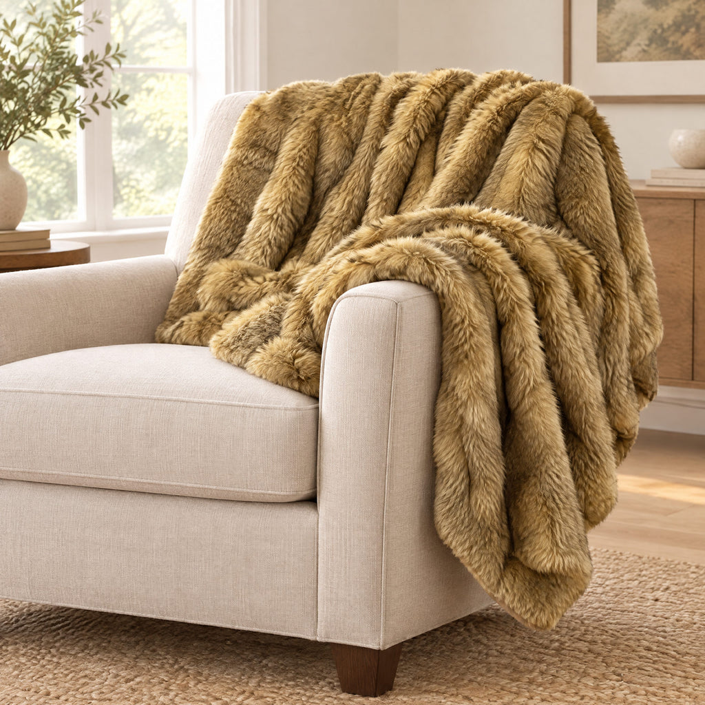 Golden faux fur and velvet throw on a sofa to show its size