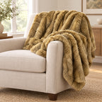 Golden faux fur and velvet throw on a sofa to show its size