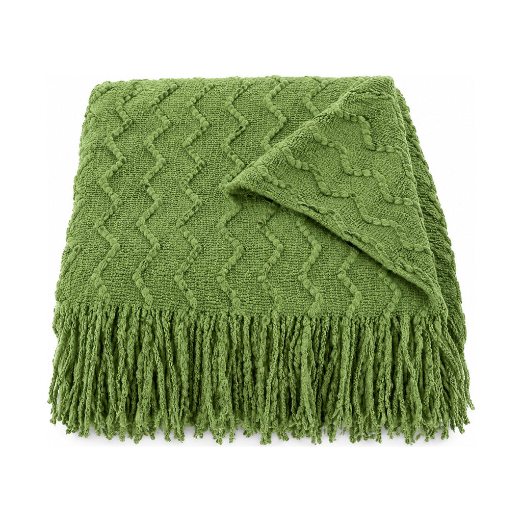 Green textured knit throw, folded product shot on a white background