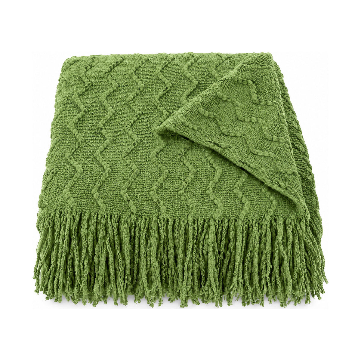 Green textured knit throw, folded product shot on a white background
