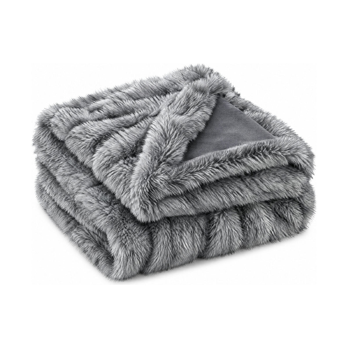 Grey faux fur throw, folded product shot on a white background
