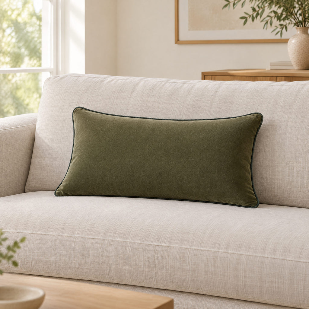 Liza green lumbar cushion on a sofa to show its size