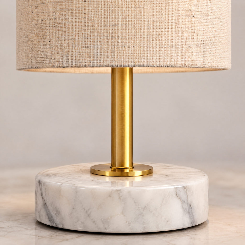 Close-up of the marble base and shade fabric