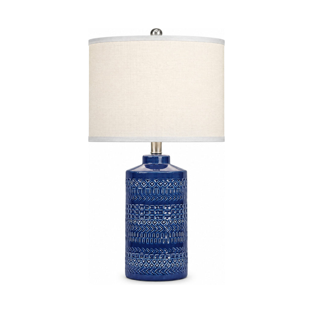 Navy blue ceramic table lamp, product shot on a white background