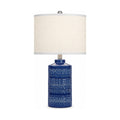 Navy blue ceramic table lamp, product shot on a white background