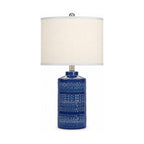 Navy blue ceramic table lamp, product shot on a white background