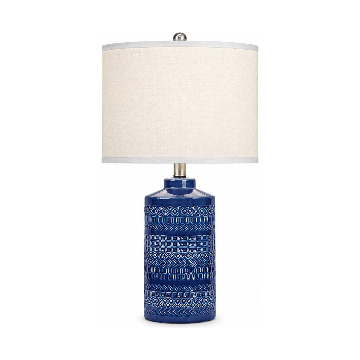 Navy blue ceramic table lamp, product shot on a white background