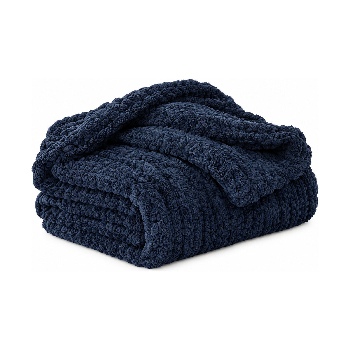 Navy chunky knit throw, folded product shot on a white background