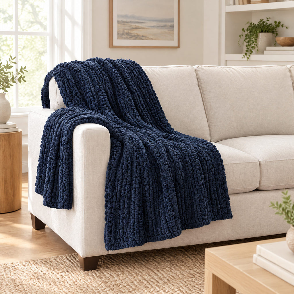 Navy chunky knit throw draped over a chair to show its size