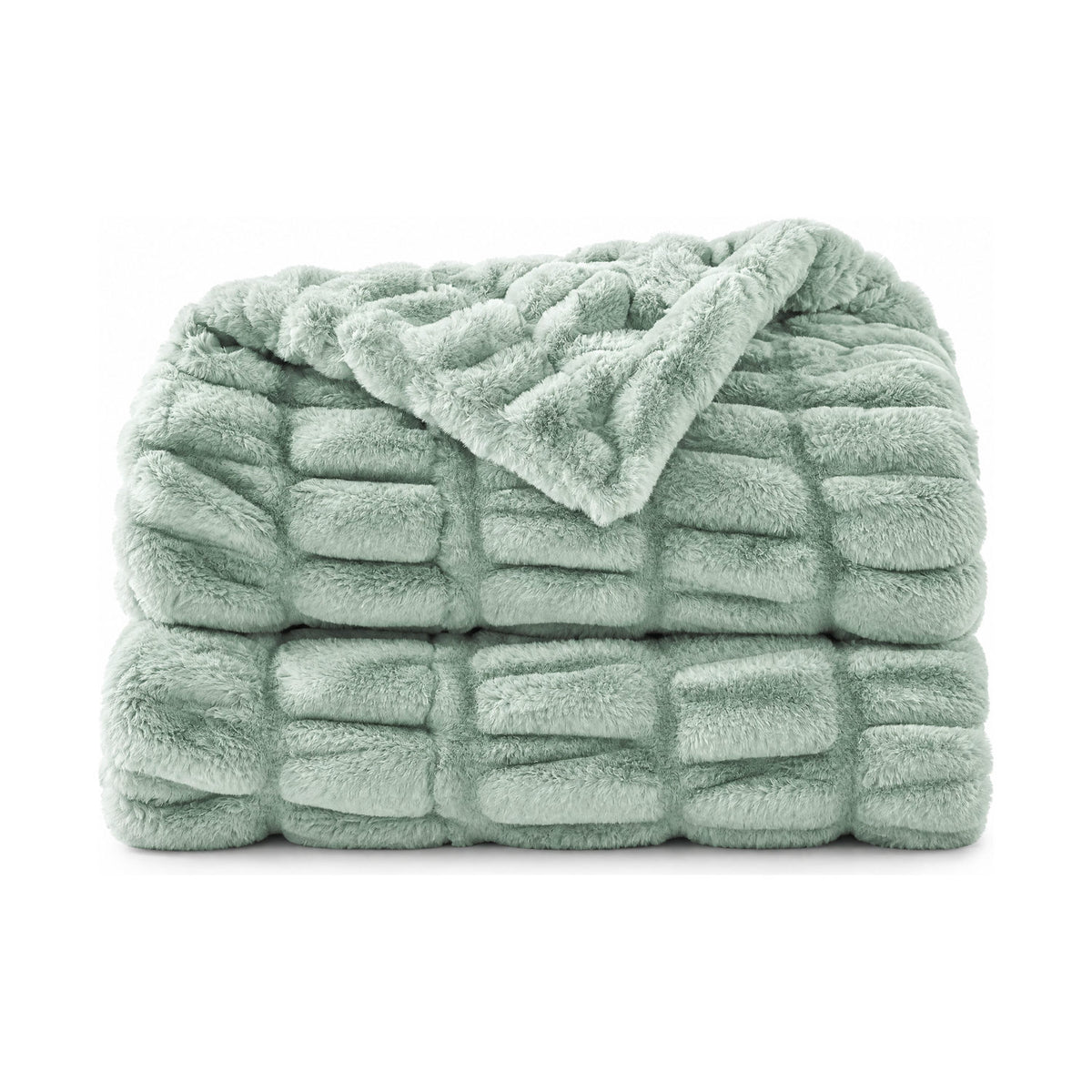 Sage green faux fur throw, folded product shot on a white background