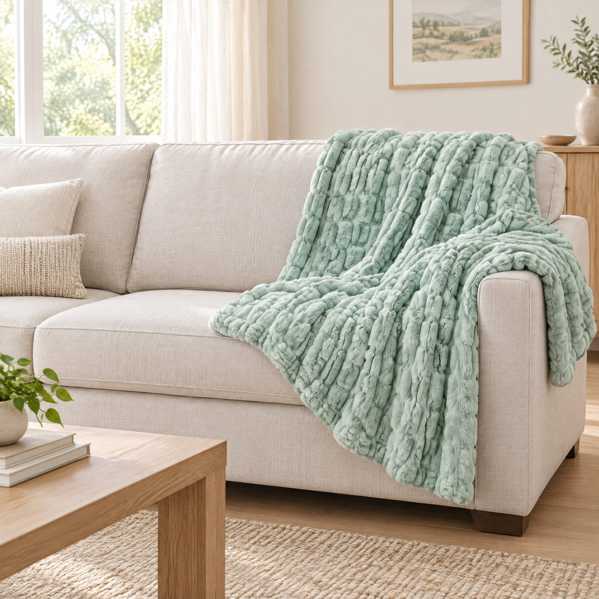 Sage green faux fur throw draped over a chair to show its size