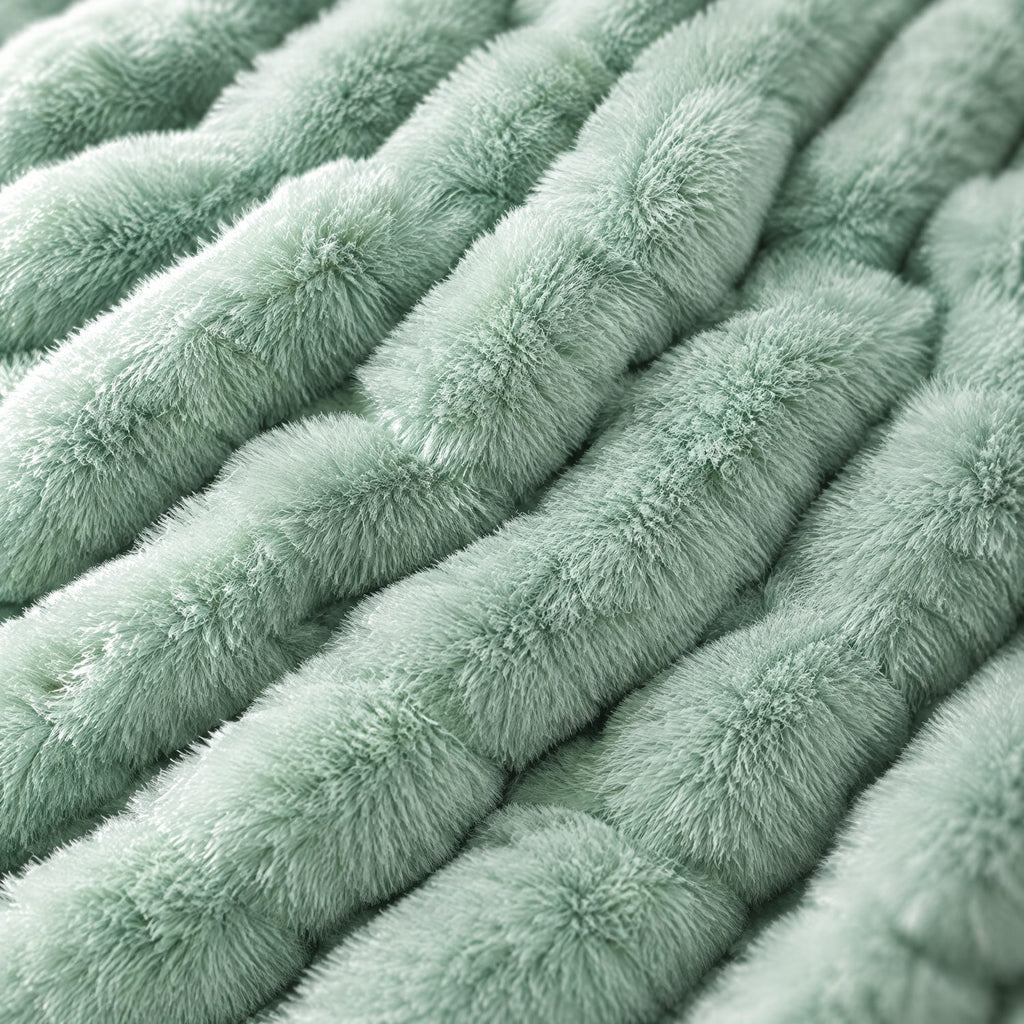 Close-up of the sage green faux fur pile